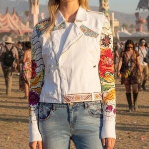 Desigual M Eclectic Western Bohemian Festival Sequin Embroidered Moto Jacket